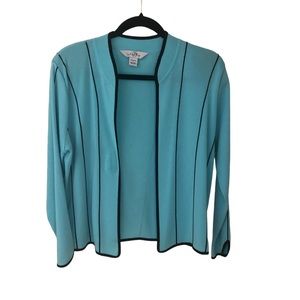 Ming Wang large open front cardigan.  Teal with black stripes.